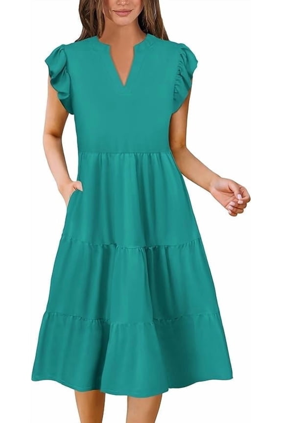 Summer Dresses for Women Elegant Classy Casual Spring Midi Fashion V Neck Boho Dress Beach Vacation Clothes with Pocket