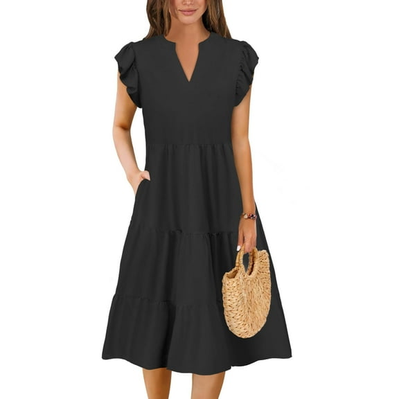 Scacto Summer Dresses for Women Elegant Classy Casual Spring Midi Fashion V Neck Boho Dress Beach Vacation Clothes with Pocket
