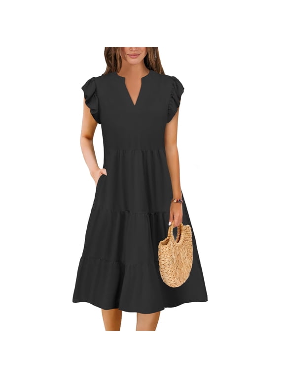 Summer Dresses for Women Elegant Classy Casual Spring Midi Fashion V Neck Boho Dress Beach Vacation Clothes with Pocket