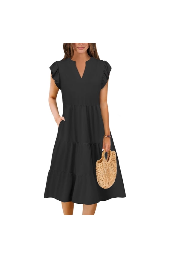 Summer Dresses for Women Elegant Classy Casual Spring Midi Fashion V Neck Boho Dress Beach Vacation Clothes with Pocket