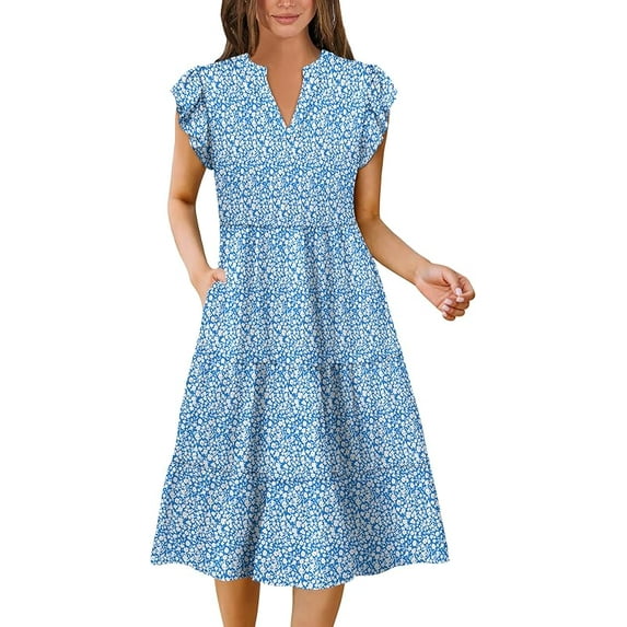 Scacto Summer Dresses for Women Elegant Classy Casual Spring Midi Fashion V Neck Boho Dress Beach Vacation Clothes with Pocket