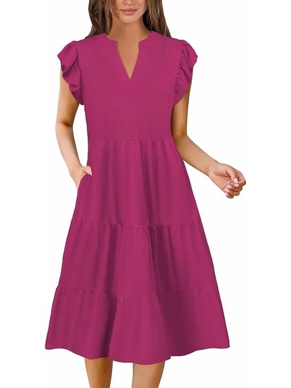 Summer Dresses for Women Elegant Classy Casual Spring Midi Fashion V Neck Boho Dress Beach Vacation Clothes with Pocket