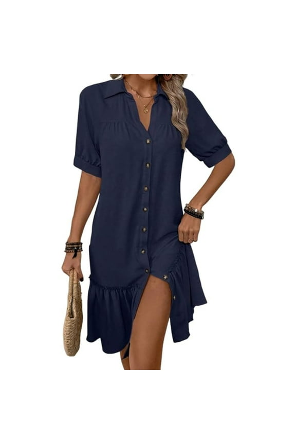 Summer Shirt Dress Button Down Ruffle Maxi Dresses Short Sleeve Flowy Tiered Beach Vacation Sundress for Women Boho Clothes
