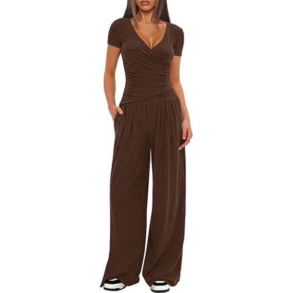 Scacto Women 2 Piece Outfit Sets, Short Sleeve V-Neck Ruched Top & Wide Leg Pants, Casual Daily Wear Gym Sweatsuit