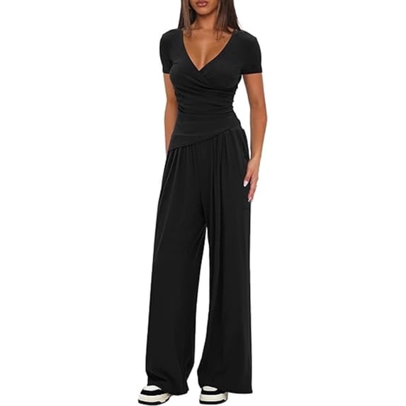 Scacto Women 2 Piece Outfit Sets, Short Sleeve V-Neck Ruched Top & Wide Leg Pants, Casual Daily Wear Gym Sweatsuit