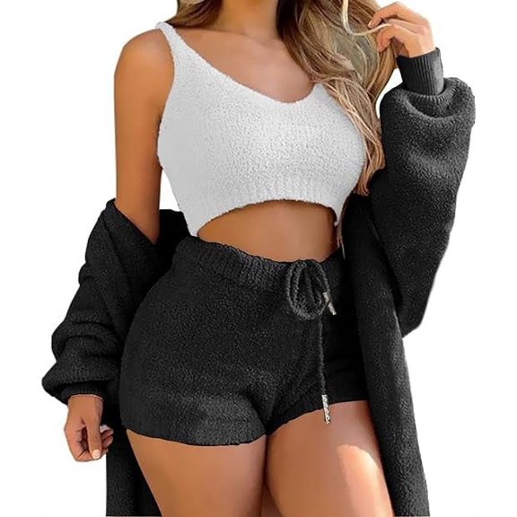 Scacto Women Fuzzy 3 Piece Outfit Pajamas, Sherpa Hooded Cardigan Outwear Sleeveless Crop Tops Shorts Nightwear Set