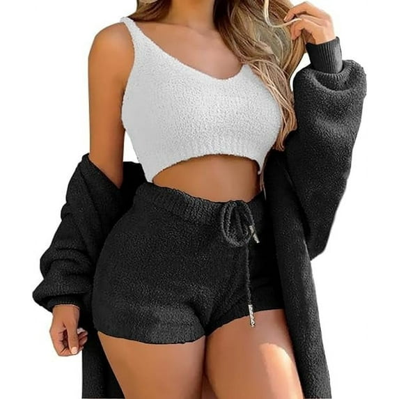 Scacto Women Fuzzy 3 Piece Outfit Pajamas, Sherpa Hooded Cardigan Outwear Sleeveless Crop Tops Shorts Nightwear Set