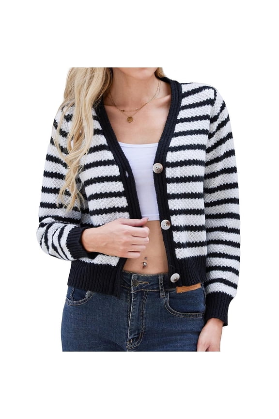 Women Striped Sweater Lightweight Knitted Cropped Cardigan Jacket Y2k V-Neck Button Down Loose Open Front Knitwear