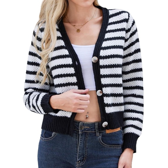 Scacto Women Striped Sweater Lightweight Knitted Cropped Cardigan Jacket Y2k V-Neck Button Down Loose Open Front Knitwear