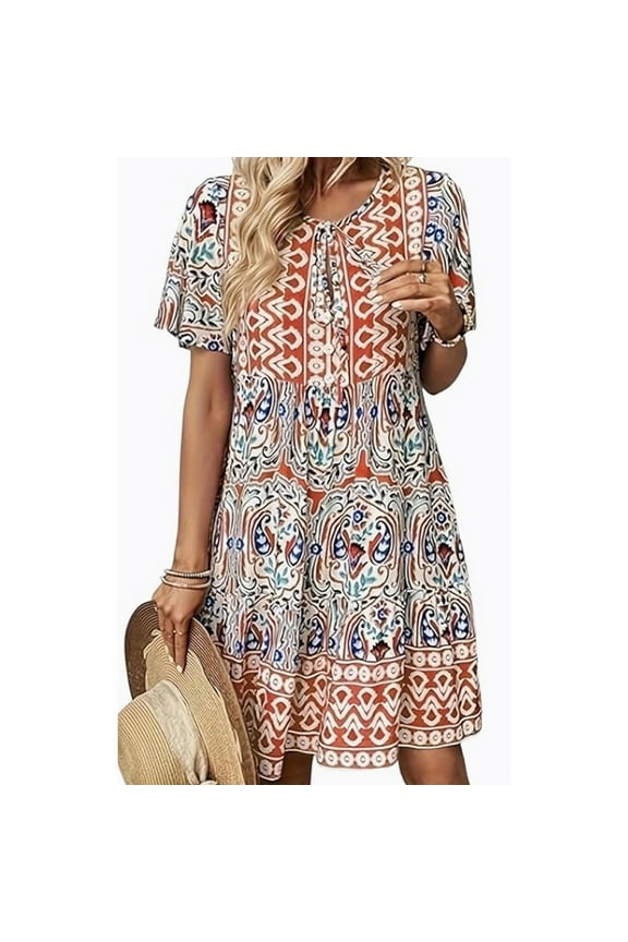 Women Summer Dresses Short Sleeves V-Neck Ruffle Floral Flowy Boho Dress Mini Short Beach Vacation Sundress