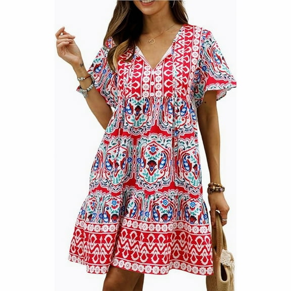 Scacto Women Summer Dresses Short Sleeves V-Neck Ruffle Floral Flowy Boho Dress Mini Short Beach Vacation Sundress