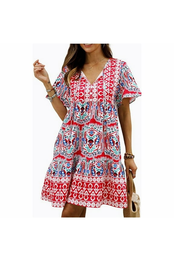 Women Summer Dresses Short Sleeves V-Neck Ruffle Floral Flowy Boho Dress Mini Short Beach Vacation Sundress