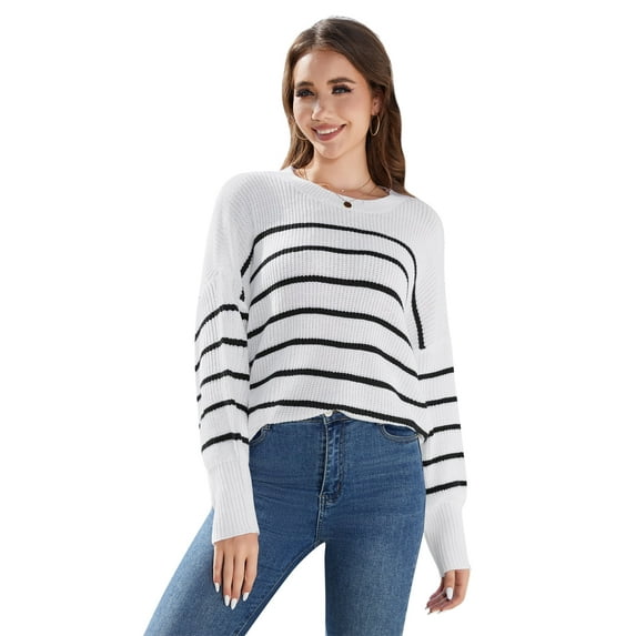 Scacto Women Sweaters Fall Batwing Long Sleeve Side Slit Knit Tops Crew Neck Striped Oversized Sweater Pullover Tops
