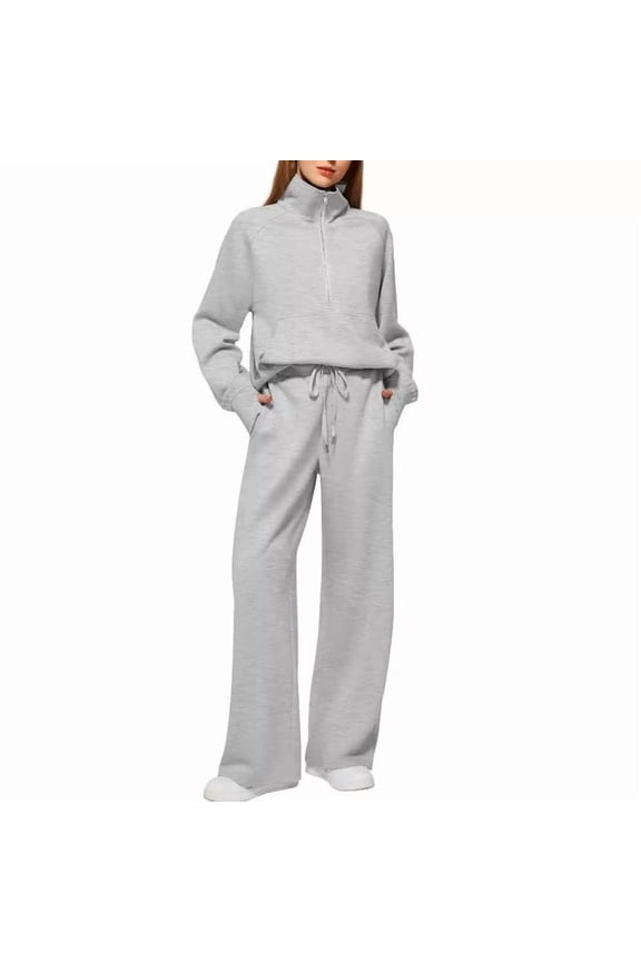 Women's 2 Piece Outfits Lounge Hoodie Set Oversized Half Zip Pullover Sweatshirt Wide Leg Sweatpant Sweatsuit Tracksuit with Pockets