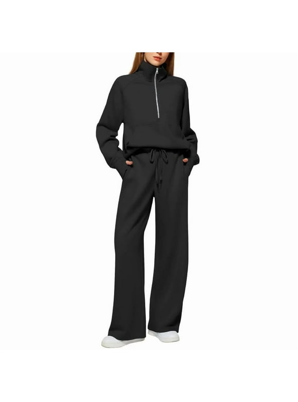 Women's 2 Piece Outfits Lounge Hoodie Set Oversized Half Zip Pullover Sweatshirt Wide Leg Sweatpant Sweatsuit Tracksuit with Pockets