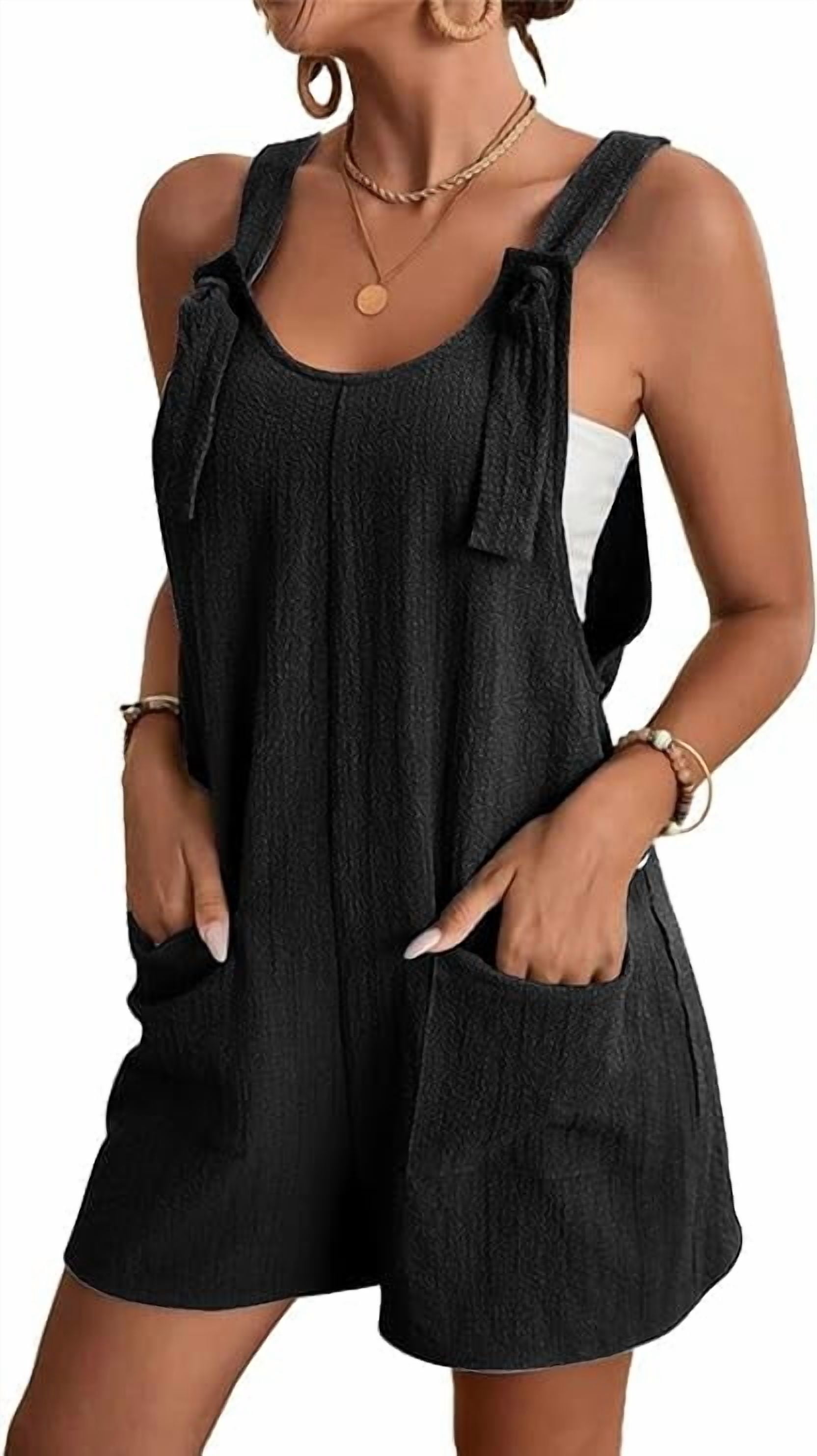 Women's Adjustable Strap Knot Front Romper Short Jumpsuit Overalls with Pocket