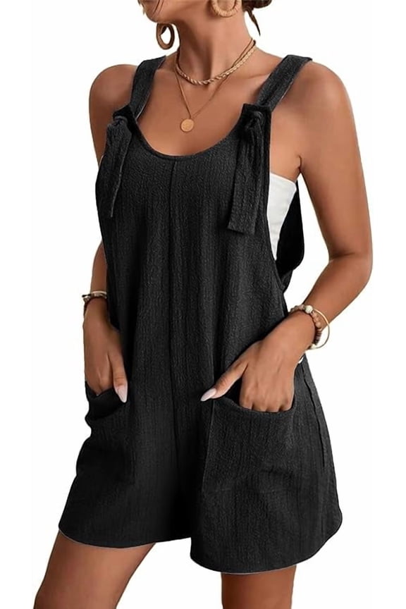 Women's Adjustable Strap Knot Front Romper Short Jumpsuit Overalls with Pocket