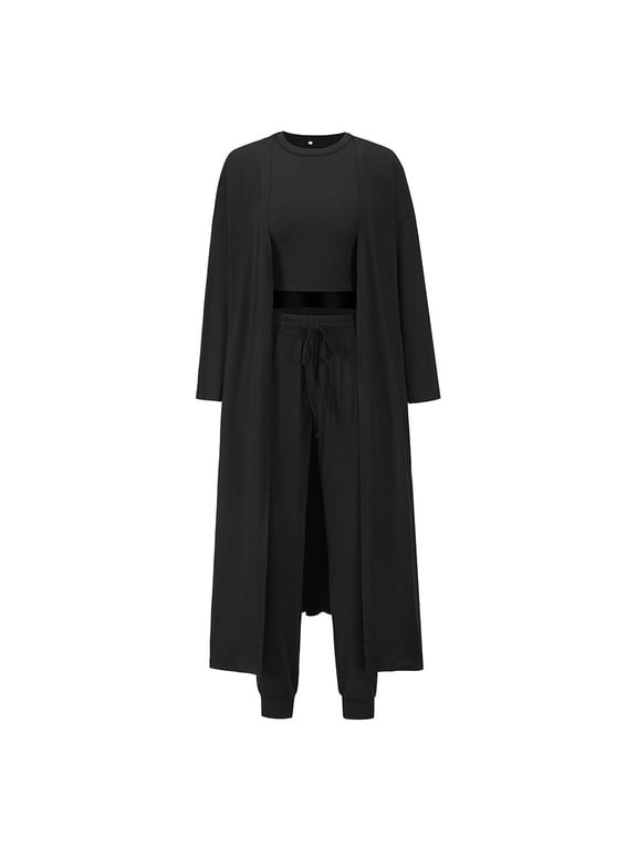Women's 3-Piece Loungewear Set, Knit Cardigan Vest & Casual Sweatpants, Solid Daily Home Relax Outfit