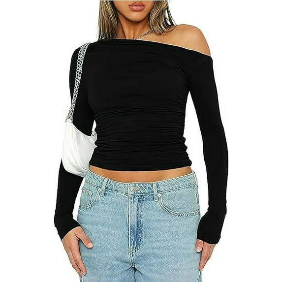 Scacto Women's Long Sleeve Off The Shoulder Tops Going Out Crop Tops Casual Y2K Slim Fit T-Shirts
