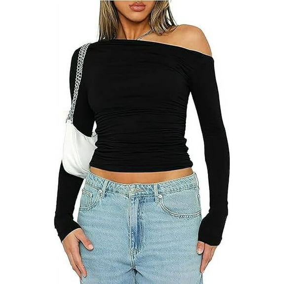 Scacto Women's Long Sleeve Off The Shoulder Tops Going Out Crop Tops Casual Y2K Slim Fit T-Shirts
