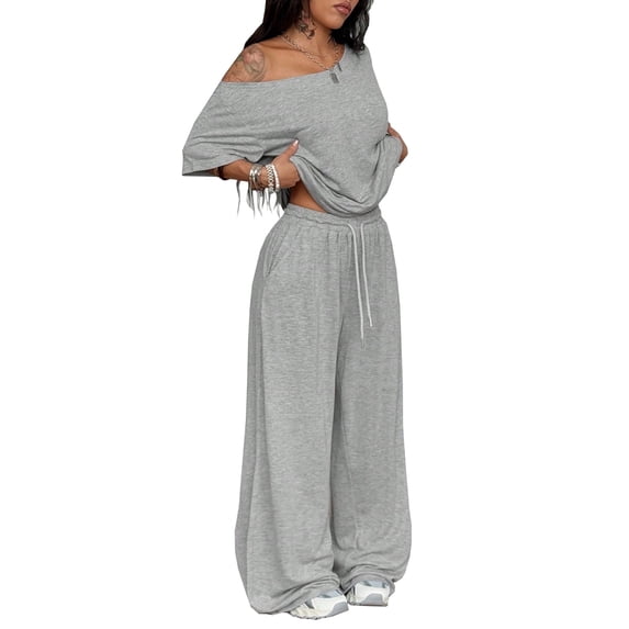 Scacto Women's Minimalist 2-Piece Streetwear Set, Off Shoulder Tee & Wide Leg Sport Pants, Comfortable Daily Outdoor Casual Outfit sets