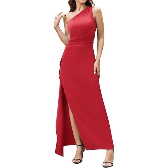 Scacto Women's Sexy One Shoulder Satin High Split Cocktail Wedding Party Maxi Dress