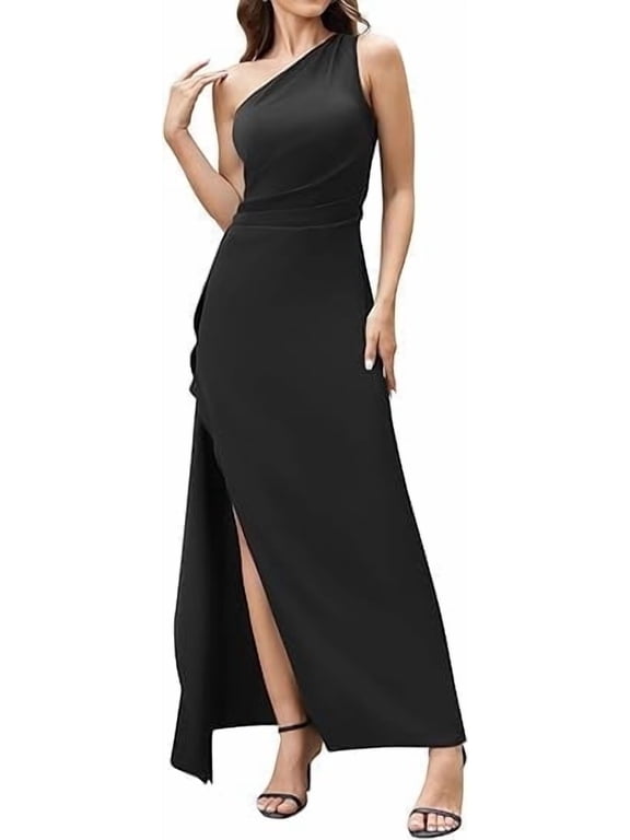 Women's Sexy One Shoulder Satin High Split Cocktail Wedding Party Maxi Dress