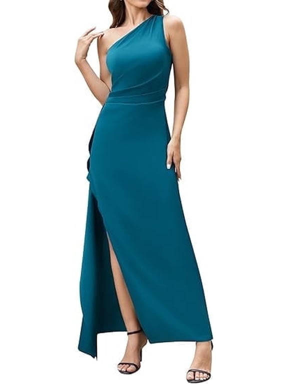 Women's Sexy One Shoulder Satin High Split Cocktail Wedding Party Maxi Dress