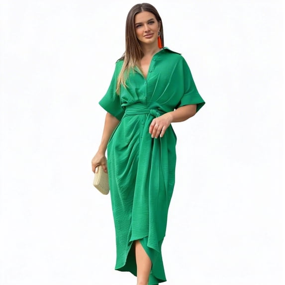 Scacto Women's Shirt Dress, Casual Solid Color Short Sleeve Dress, Lapel Beach Sundress for Summer, Party, Daily Wear