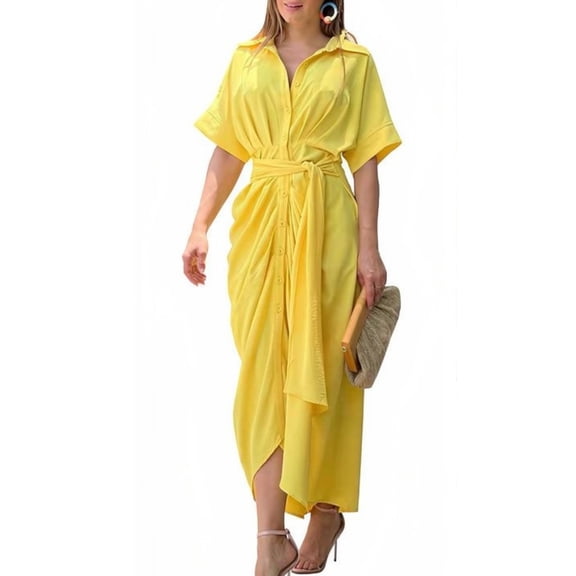 Scacto Women's Shirt Dress, Casual Solid Color Short Sleeve Dress, Lapel Beach Sundress for Summer, Party, Daily Wear