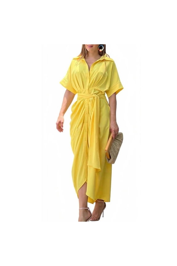 Women's Shirt Dress, Casual Solid Color Short Sleeve Dress, Lapel Beach Sundress for Summer, Party, Daily Wear