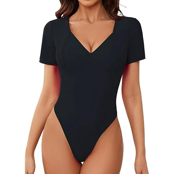 Scacto Women's Short Sleeve V Neck Bodysuit Seamed Cup Going Out Tops Shirt