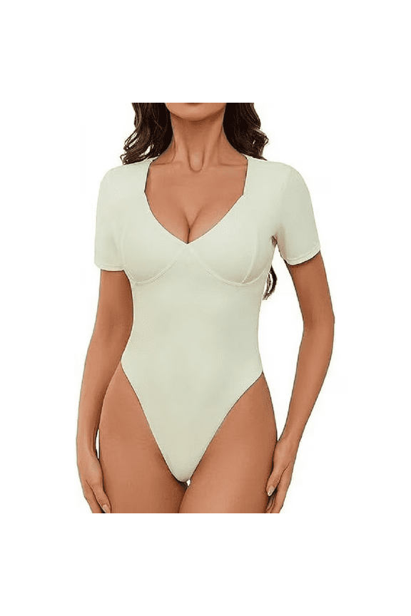 Women's Short Sleeve V Neck Bodysuit Seamed Cup Going Out Tops Shirt