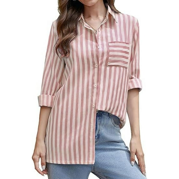 Scacto Women's Striped Button Down Shirts Casual Long Sleeve Stylish V Neck Blouses Tops with Pockets