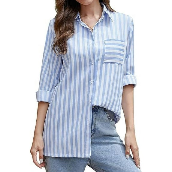 Scacto Women's Striped Button Down Shirts Casual Long Sleeve Stylish V Neck Blouses Tops with Pockets