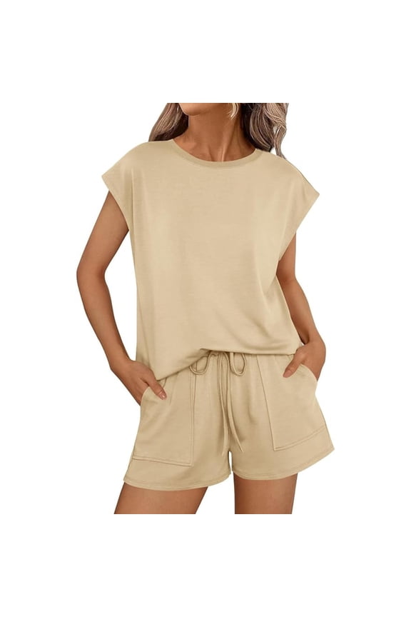 Women's Summer 2-Piece Set, Sleeveless Top & Drawstring Shorts Sweatsuits, Casual Loungewear with Pockets