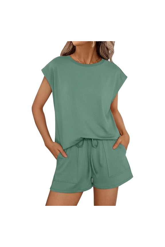 Women's Summer 2-Piece Set, Sleeveless Top & Drawstring Shorts Sweatsuits, Casual Loungewear with Pockets
