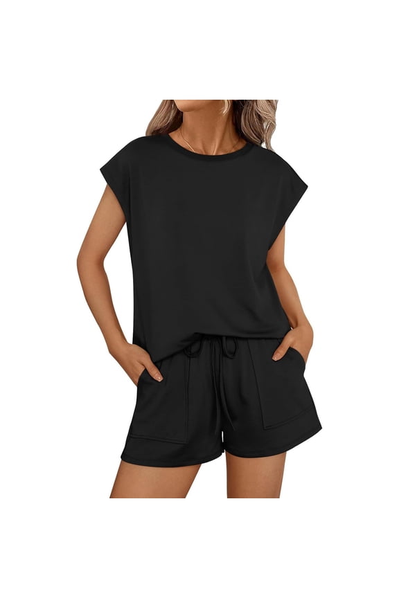 Women's Summer 2-Piece Set, Sleeveless Top & Drawstring Shorts Sweatsuits, Casual Loungewear with Pockets