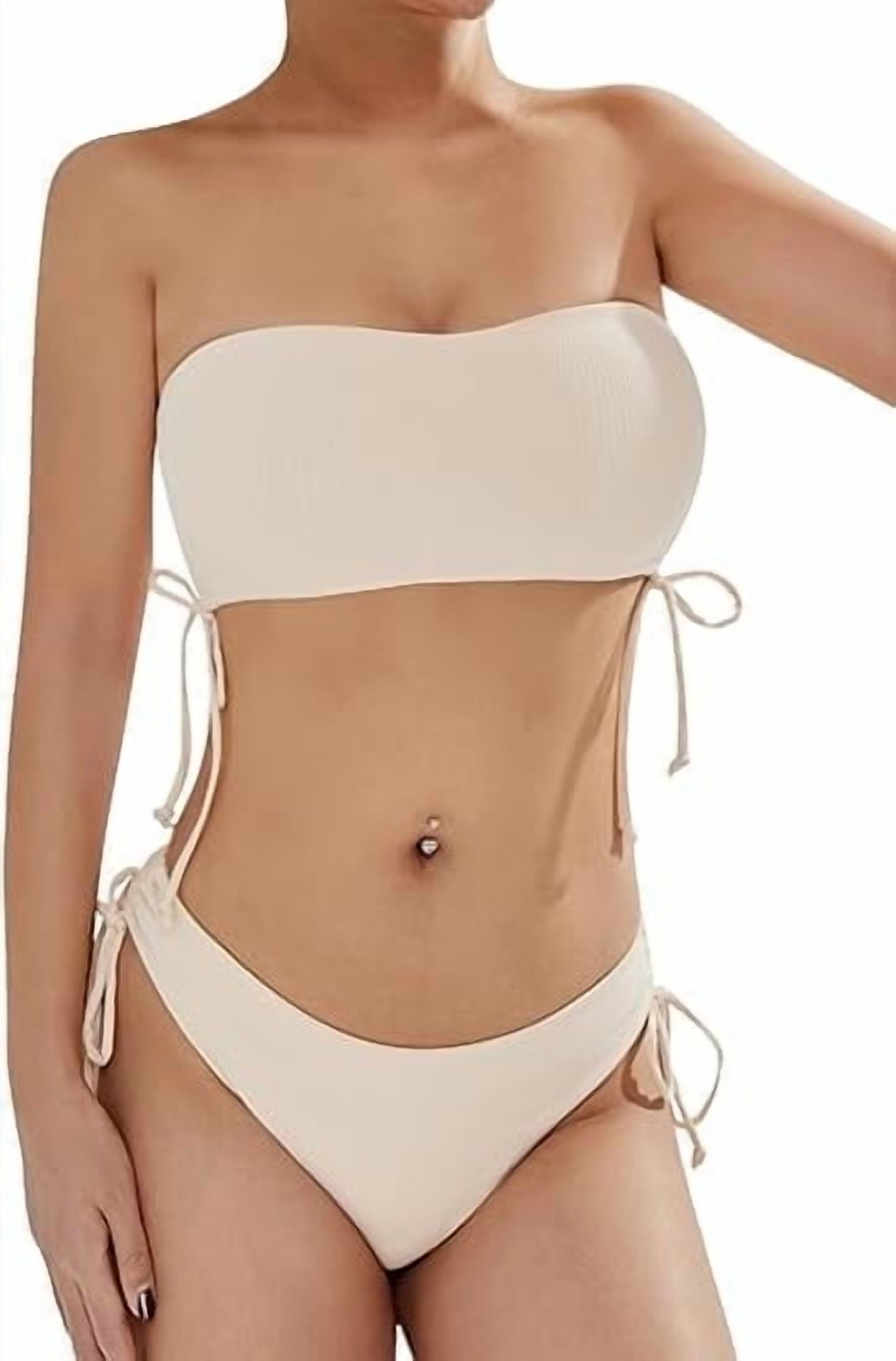 Two Piece Swimsuit Bardot Push Up Draped Front Detachable Brooch Beaded Ties