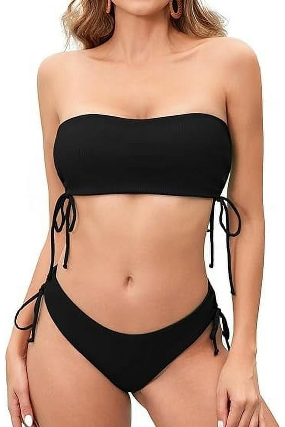 Women's Two Piece Swimsuit Bathing Suit Tie Side Ribbed Bandeau Bikini Set Swimwear Shoulders Push-up Bathing Suits