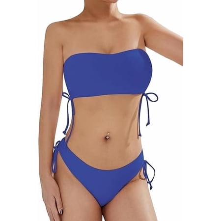 Scacto Women's Two Piece Swimsuit Bathing Suit Tie Side Ribbed Bandeau Bikini Set Swimwear Shoulders Push-up Bathing Suits