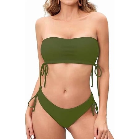 Scacto Women's Two Piece Swimsuit Bathing Suit Tie Side Ribbed Bandeau Bikini Set Swimwear Shoulders Push-up Bathing Suits