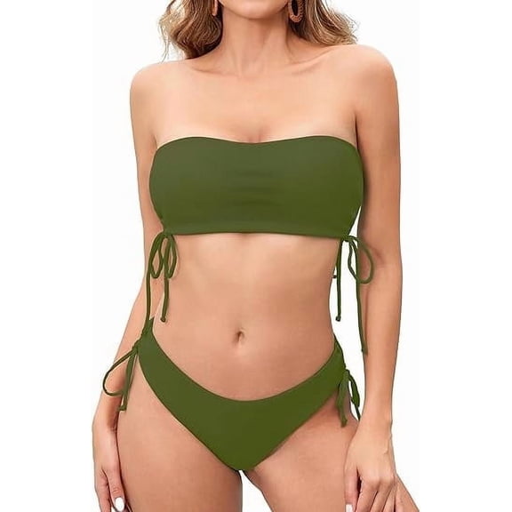 Scacto Women's Two Piece Swimsuit Bathing Suit Tie Side Ribbed Bandeau Bikini Set Swimwear Shoulders Push-up Bathing Suits