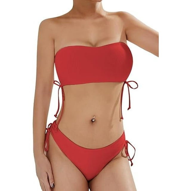 Scacto Women's Two Piece Swimsuit Bathing Suit Tie Side Ribbed Bandeau Bikini Set Swimwear Shoulders Push-up Bathing Suits