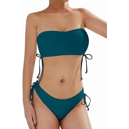 Scacto Women's Two Piece Swimsuit Bathing Suit Tie Side Ribbed Bandeau Bikini Set Swimwear Shoulders Push-up Bathing Suits