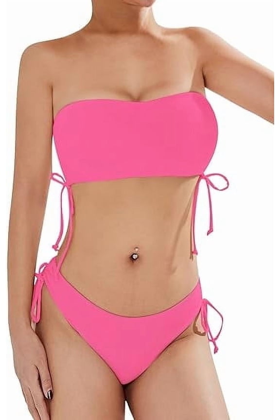 Women's Two Piece Swimsuit Bathing Suit Tie Side Ribbed Bandeau Bikini Set Swimwear Shoulders Push-up Bathing Suits