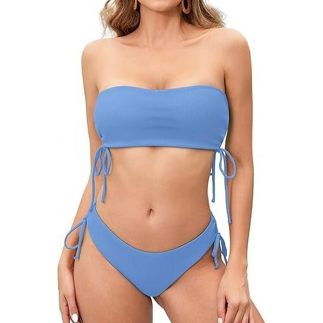 Scacto Women's Two Piece Swimsuit Bathing Suit Tie Side Ribbed Bandeau Bikini Set Swimwear Shoulders Push-up Bathing Suits