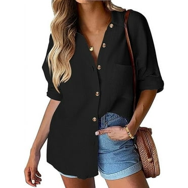 Scacto Womens Cotton Button Down Shirt Casual Long Sleeve Loose Fit Collared Linen Work Blouse Tops with Pocket