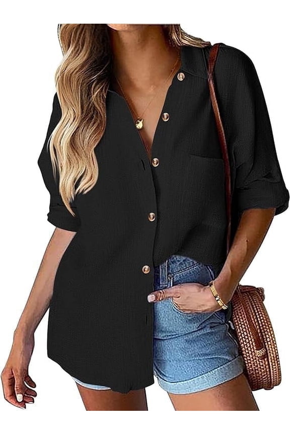 Womens Cotton Button Down Shirt Casual Long Sleeve Loose Fit Collared Linen Work Blouse Tops with Pocket