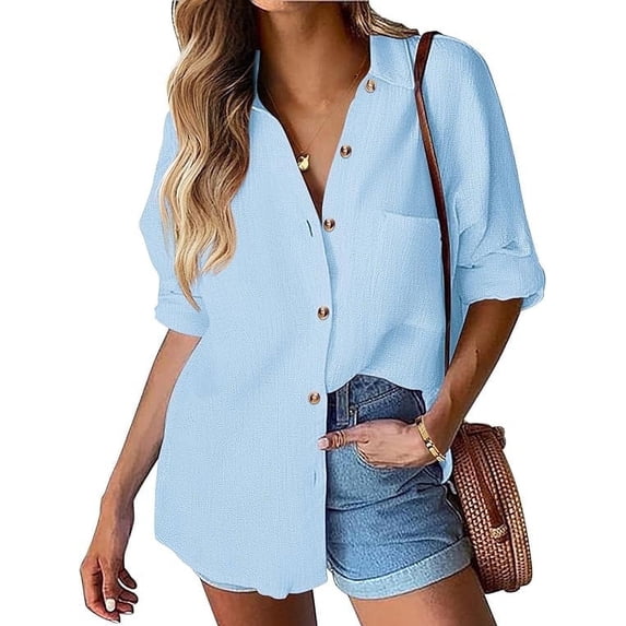 Scacto Womens Polyester Button Down Shirt Casual Long Sleeve Loose Fit Collared Linen Work Blouse Tops with Pocket